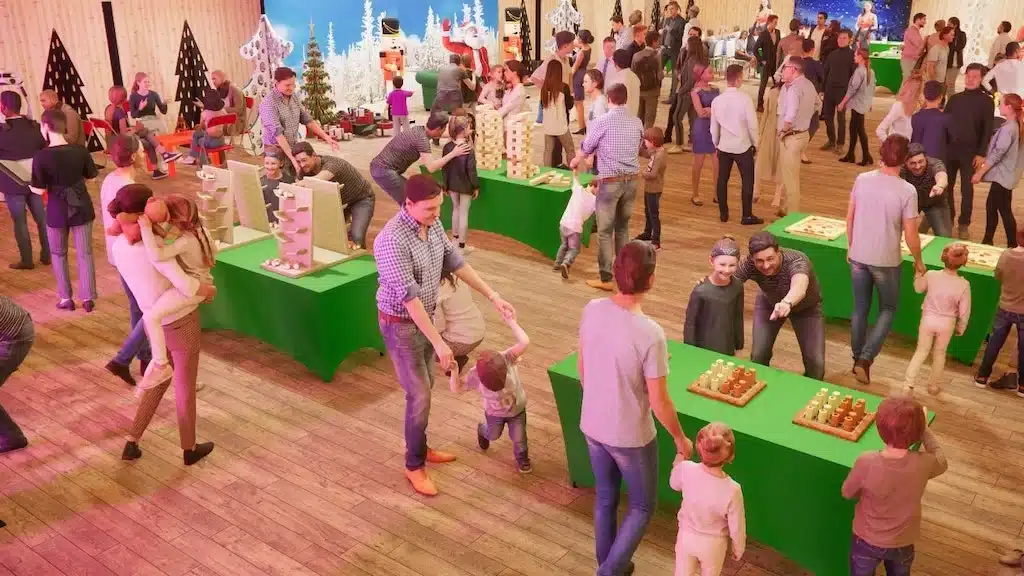 arbre de noël en entreprise - stand de jeux en bois